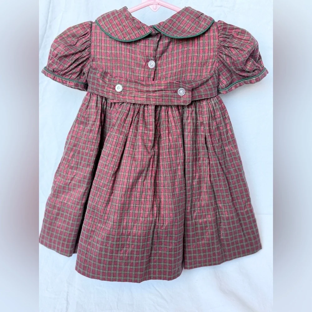 Girls' Pink Plaid Smocked Formal Dress with Green Yoke